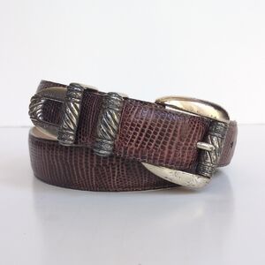 Vintage 90s Y2K Brighton Leather Belt - Brown Snakeskin Pattern, Silver Buckle L